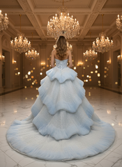 Strapless Long Blue Sequined Ball Gown Prom Dress