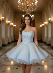 Cute Blue Strapless Ball Gown Homecoming Dress with Beaded