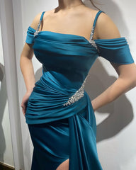 Ink Blue Spaghetti Strap Long Prom Dress with High Split