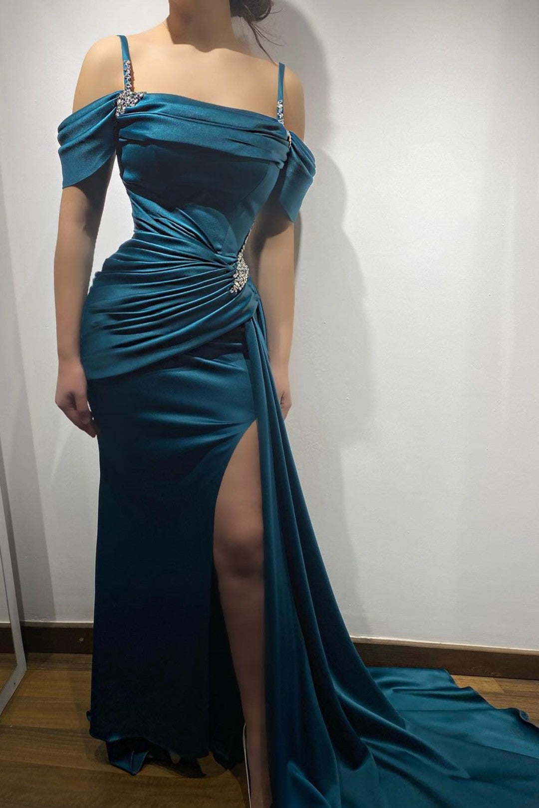 Ink Blue Spaghetti Strap Long Prom Dress with High Split
