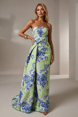 Jacquard Mermaid Strapless Pleated Formal Gown Mother of the Bride Wedding Guest Evening Party Dress