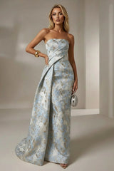 Jacquard Mermaid Strapless Pleated Formal Gown Mother of the Bride Wedding Guest Evening Party Dress