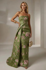 Jacquard Mermaid Strapless Pleated Formal Gown Mother of the Bride Wedding Guest Evening Party Dress
