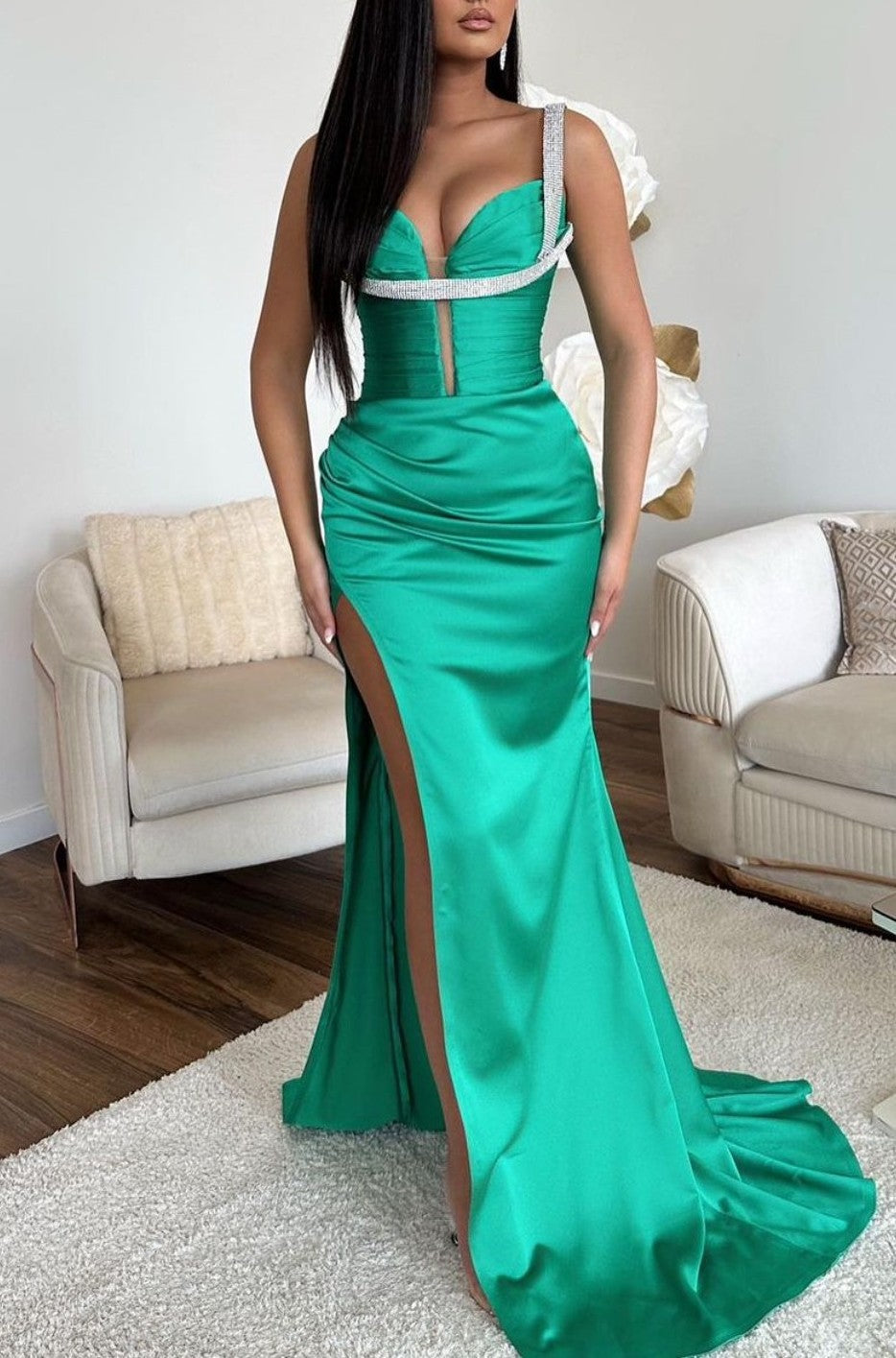 Jade Spaghetti Strap Mermaid Prom Dress with High Split