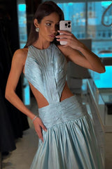 Jewel Neck Backless A-Line Long Prom Dress with Pleated