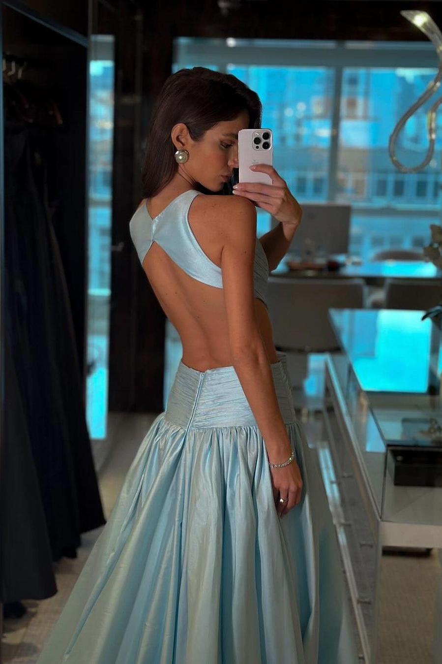 Jewel Neck Backless A-Line Long Prom Dress with Pleated