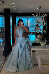 Jewel Neck Backless A-Line Long Prom Dress with Pleated