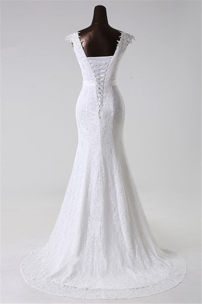 Jewel Neck Long Mermaid Lace Wedding Dress with Appliques