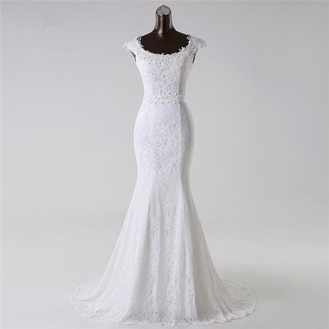Jewel Neck Long Mermaid Lace Wedding Dress with Appliques