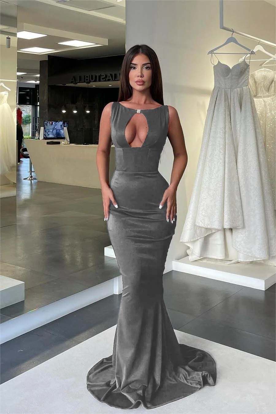 Jewel Neck Mermaid High Waist Prom Dress with Pleated