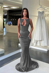 Jewel Neck Mermaid High Waist Prom Dress with Pleated