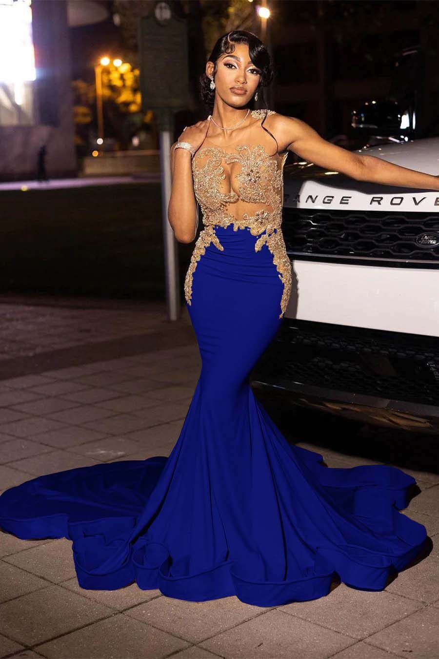Jewel Neck Mermaid Long Prom Dress with Appliques