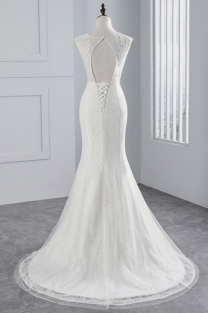 Jewel Neck Sleeveless Long Mermaid Wedding Dress with Tulle Lace Appliques