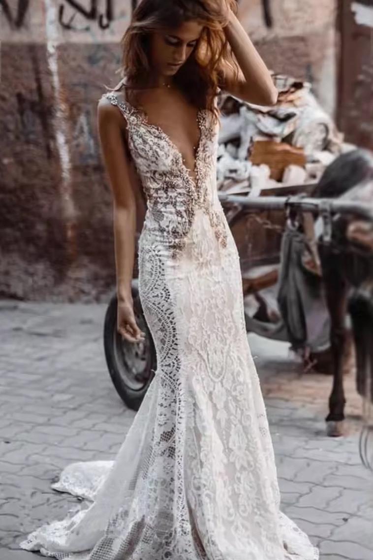 Sheer Strap Chapel Train Lace Mermaid Wedding Dress with Beading