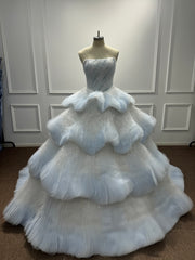 Strapless Long Blue Sequined Ball Gown Prom Dress