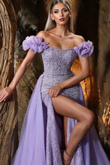 Lavender Off the Shoulder Long Prom Dress with Beading and Split