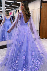Lavender Spaghetti Strap A-Line Tulle Long Prom Dress with Sequins and Appliques