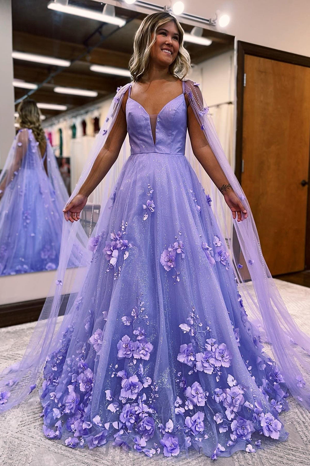 Lavender Spaghetti Strap A-Line Tulle Long Prom Dress with Sequins and Appliques
