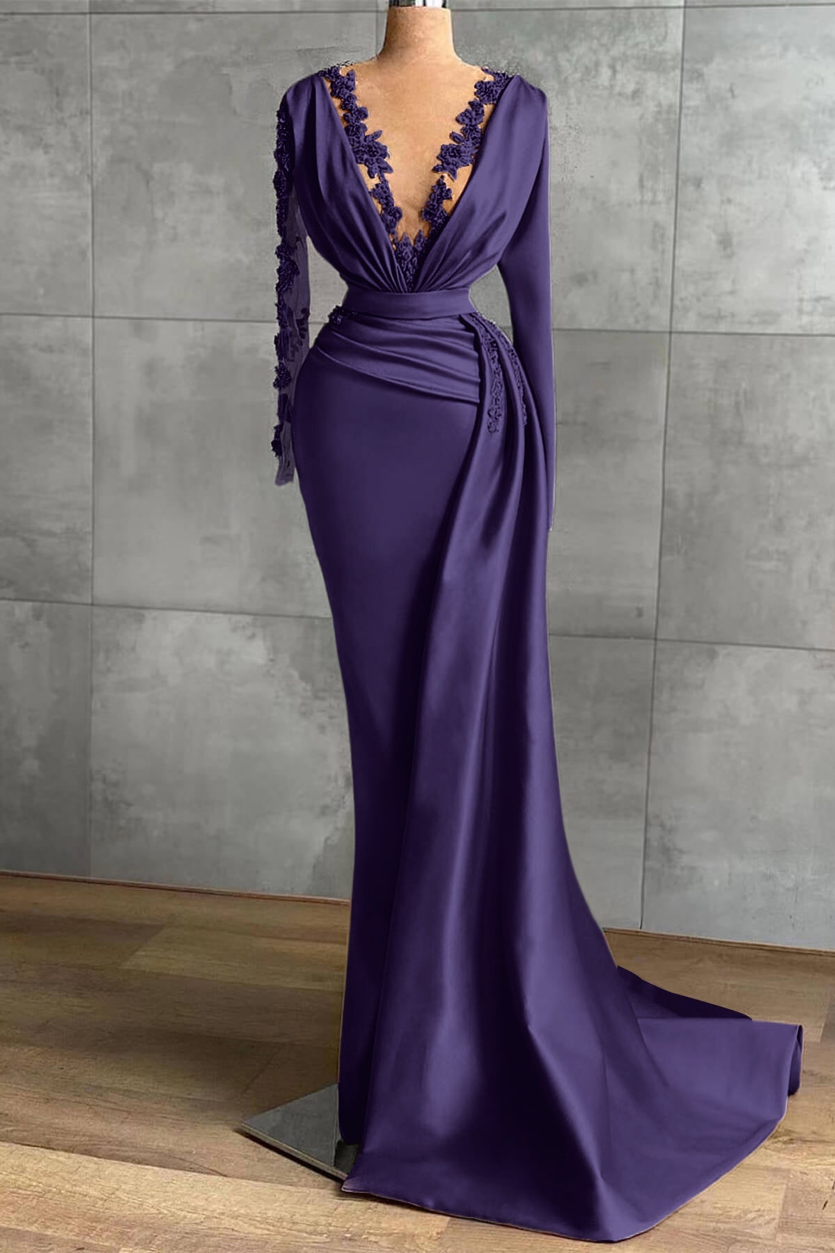 V-Neck Long Sleeve Mermaid Long Prom Dress with Ruffles and Appliques
