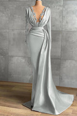 V-Neck Long Sleeve Mermaid Long Prom Dress with Ruffles and Appliques