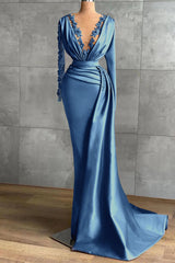 V-Neck Long Sleeve Mermaid Long Prom Dress with Ruffles and Appliques