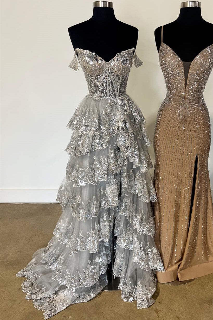 Light Blue Corset Lace Tiered Tulle Long Formal Dress