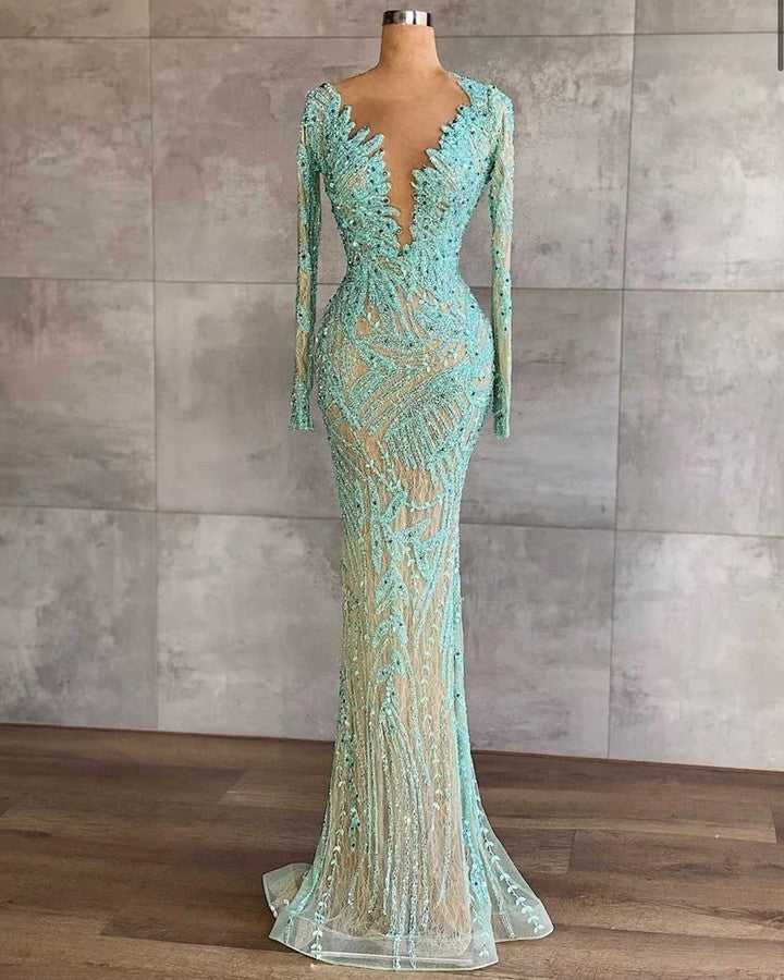 Long Sleeve Mermaid Tulle Prom Dress with Beading and Sequins