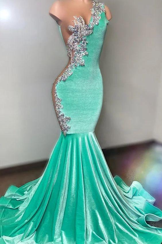 Light Blue One Shoulder Prom Dress with Appliques