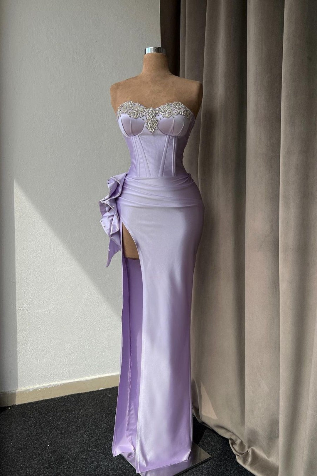 Light Purple Prom Dress with Rhinestone and High Split