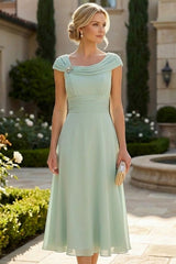 Lightweight Sheath Tea‑Length Chiffon Mother of the Bride and Groom Dresses with Cowl Neck and Ruched Waist