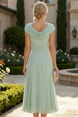 Lightweight Sheath Tea‑Length Chiffon Mother of the Bride and Groom Dresses with Cowl Neck and Ruched Waist
