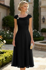 Lightweight Sheath Tea‑Length Chiffon Mother of the Bride and Groom Dresses with Cowl Neck and Ruched Waist