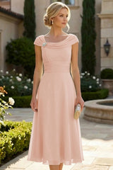 Lightweight Sheath Tea‑Length Chiffon Mother of the Bride and Groom Dresses with Cowl Neck and Ruched Waist