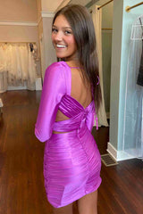 Lilac V-Neck Pleated Two Piece Short Dress with Long Sleeves