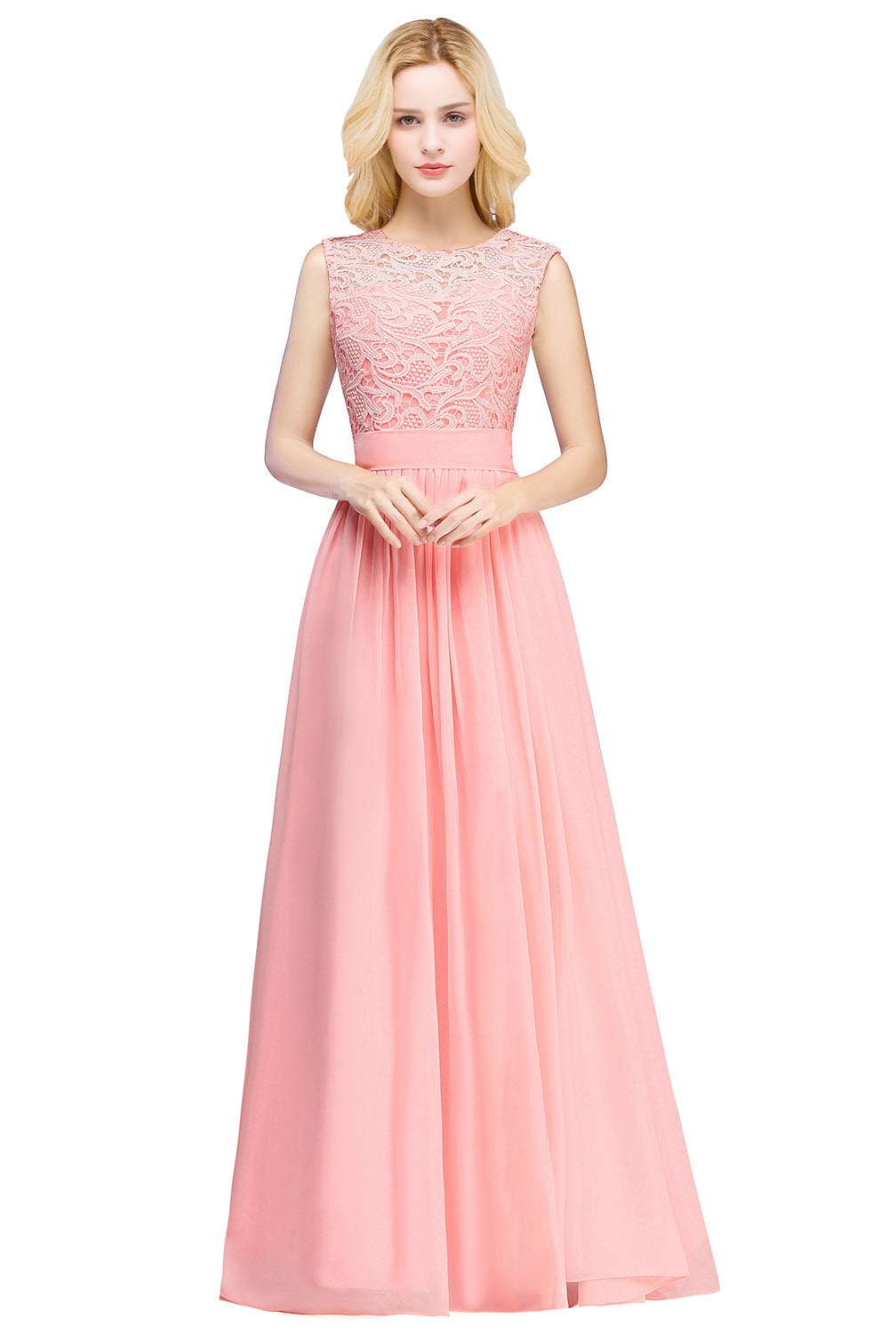 Long A line Crew Neck Floor Length Floral Lace Chiffon Wedding Guest Dress