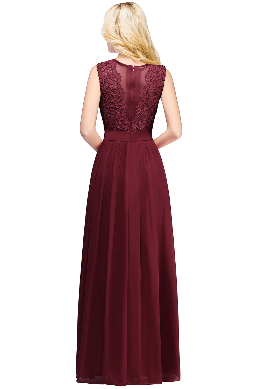 Long A line Crew Neck Floor Length Floral Lace Chiffon Wedding Guest Dress