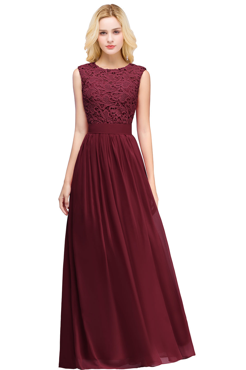 Long A line Crew Neck Floor Length Floral Lace Chiffon Wedding Guest Dress