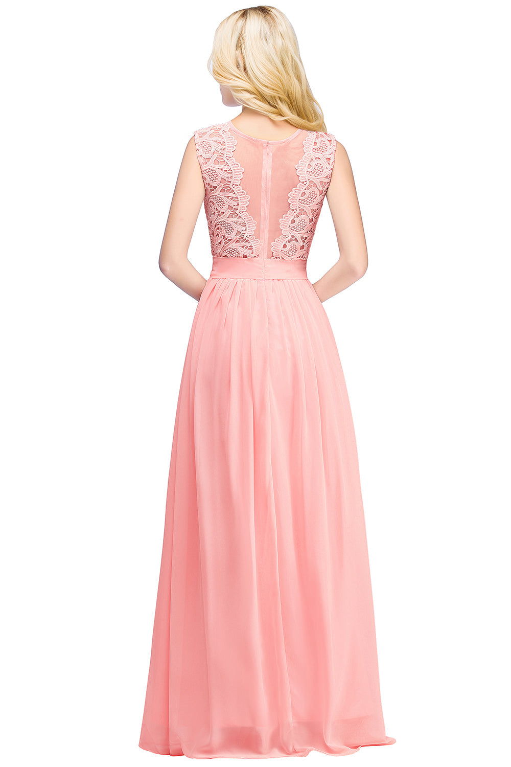 Long A line Crew Neck Floor Length Floral Lace Chiffon Wedding Guest Dress
