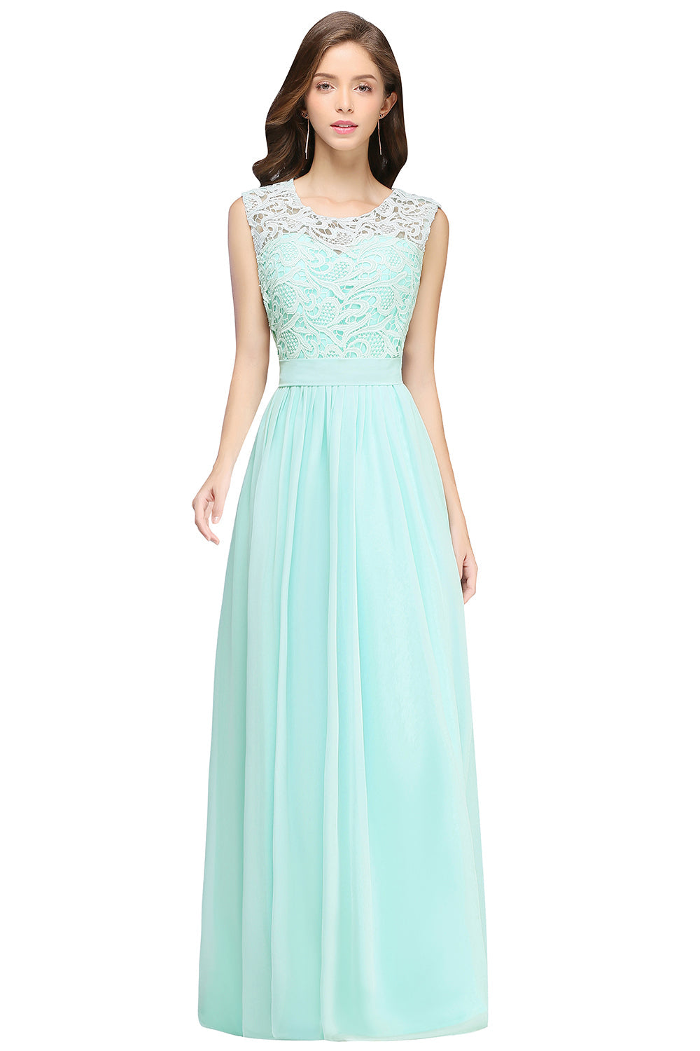 Long A line Crew Neck Floor Length Floral Lace Chiffon Wedding Guest Dress