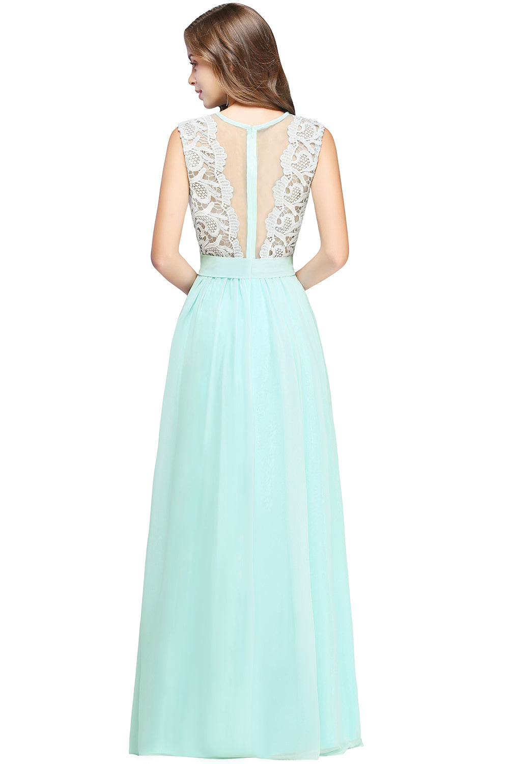 Long A line Crew Neck Floor Length Floral Lace Chiffon Wedding Guest Dress