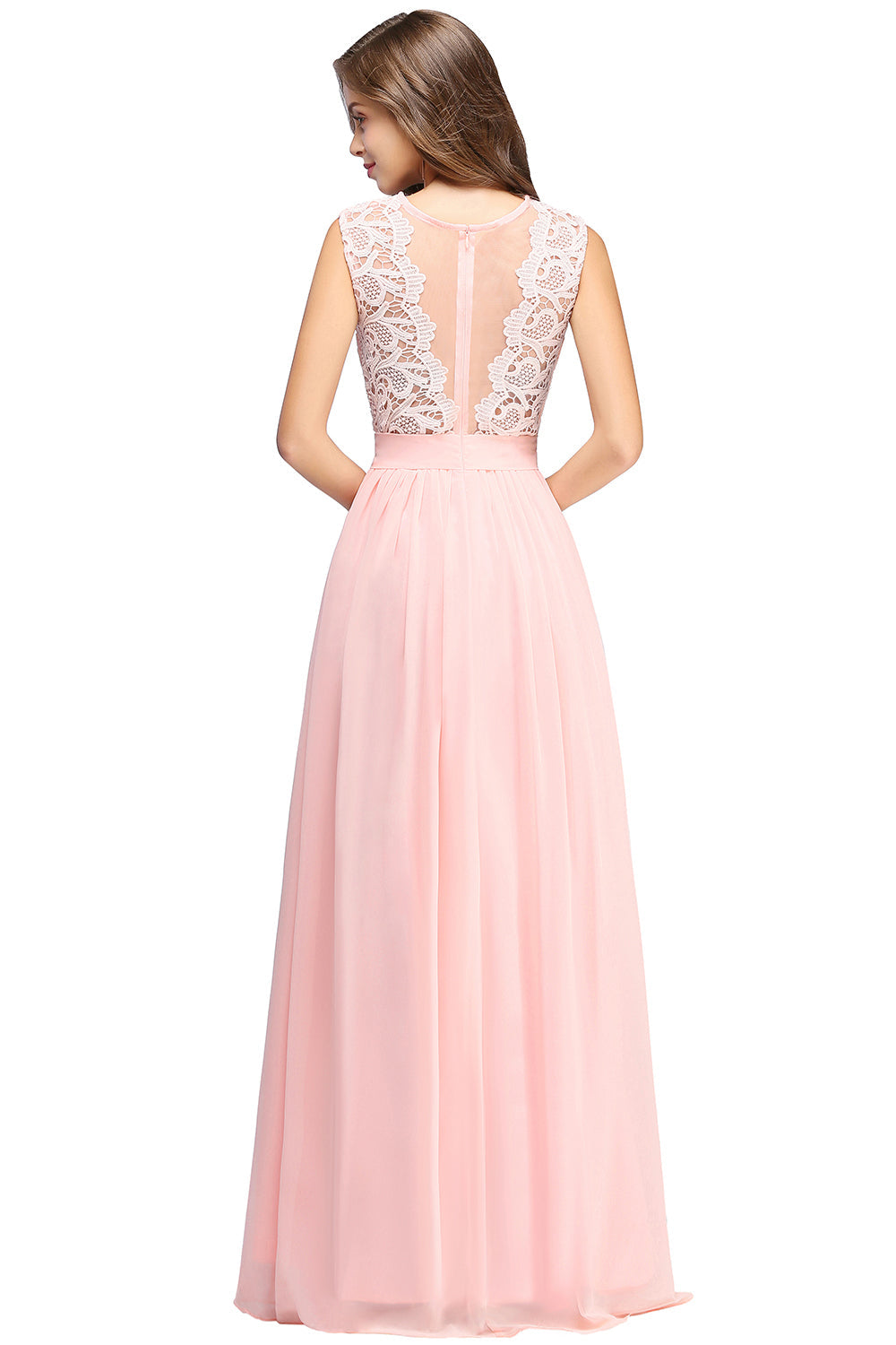Long A line Crew Neck Floor Length Floral Lace Chiffon Wedding Guest Dress