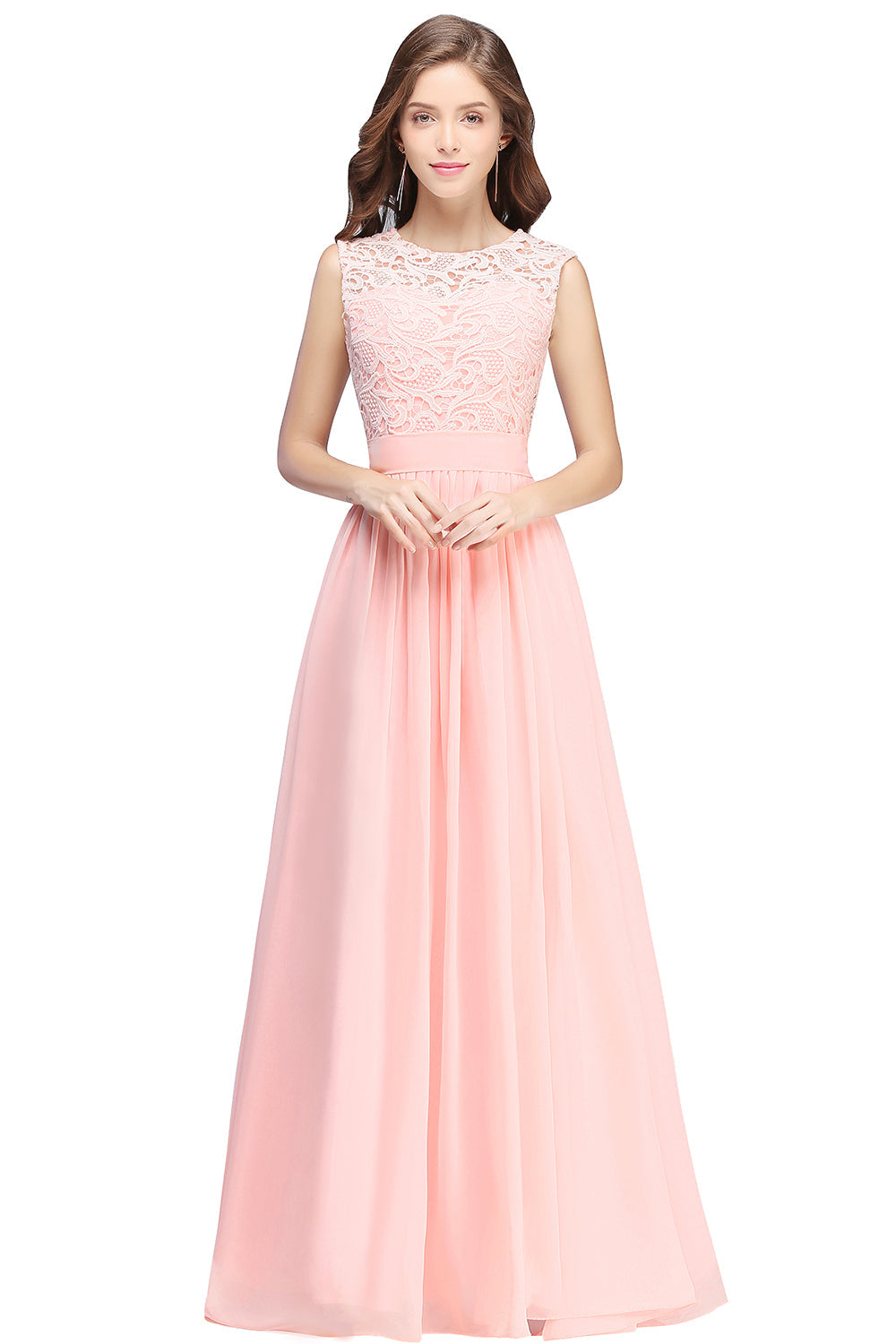 Long A line Crew Neck Floor Length Floral Lace Chiffon Wedding Guest Dress