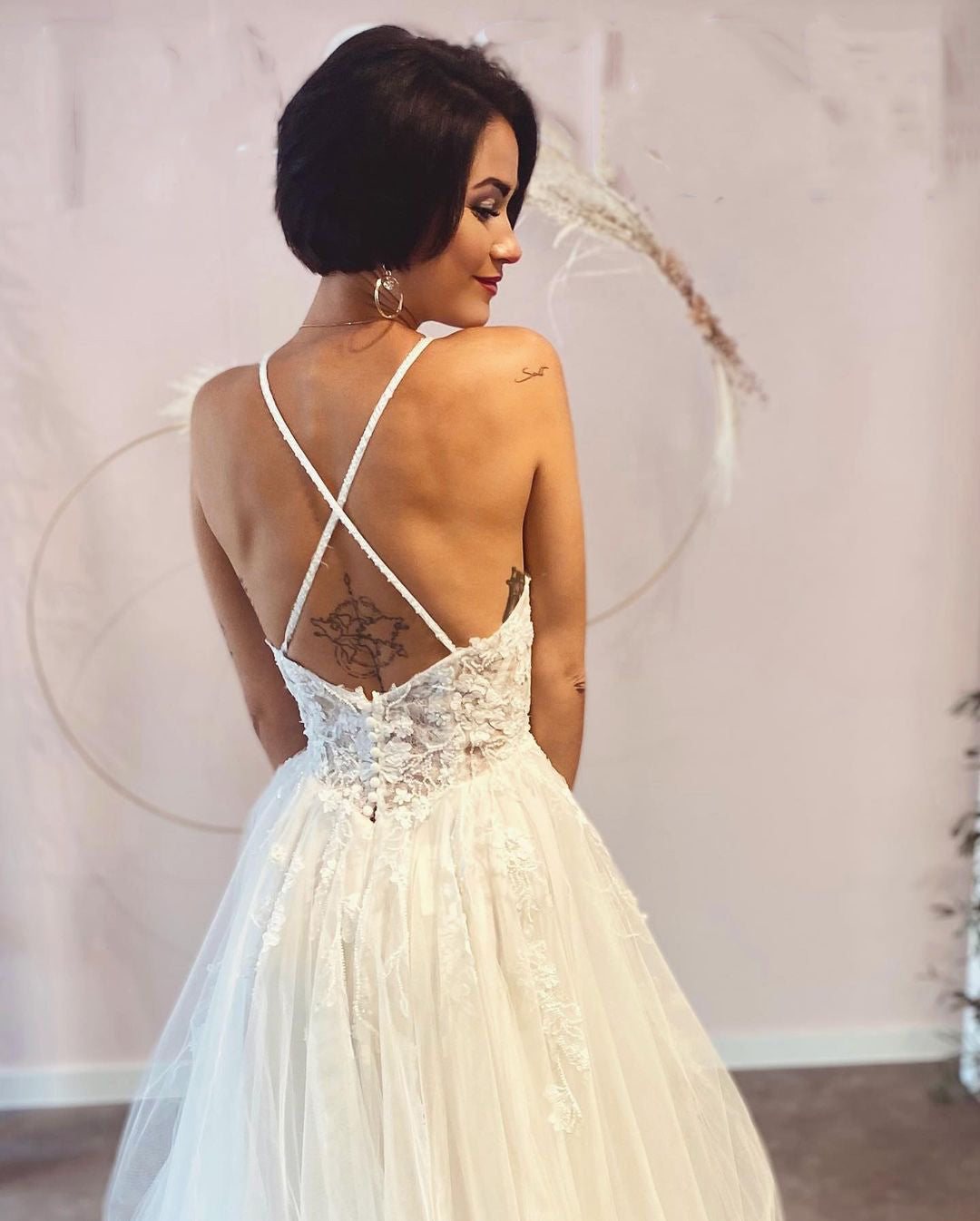 Long A-Line Deep V-Neck Spaghetti Strap Backless Wedding Dress with Lace Tulle