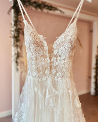 Long A-Line Deep V-Neck Spaghetti Strap Backless Wedding Dress with Lace Tulle