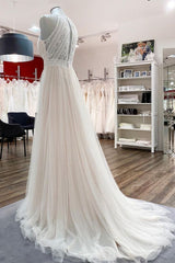 Long A-Line Halter Backless Wedding Dress with Tulle Lace