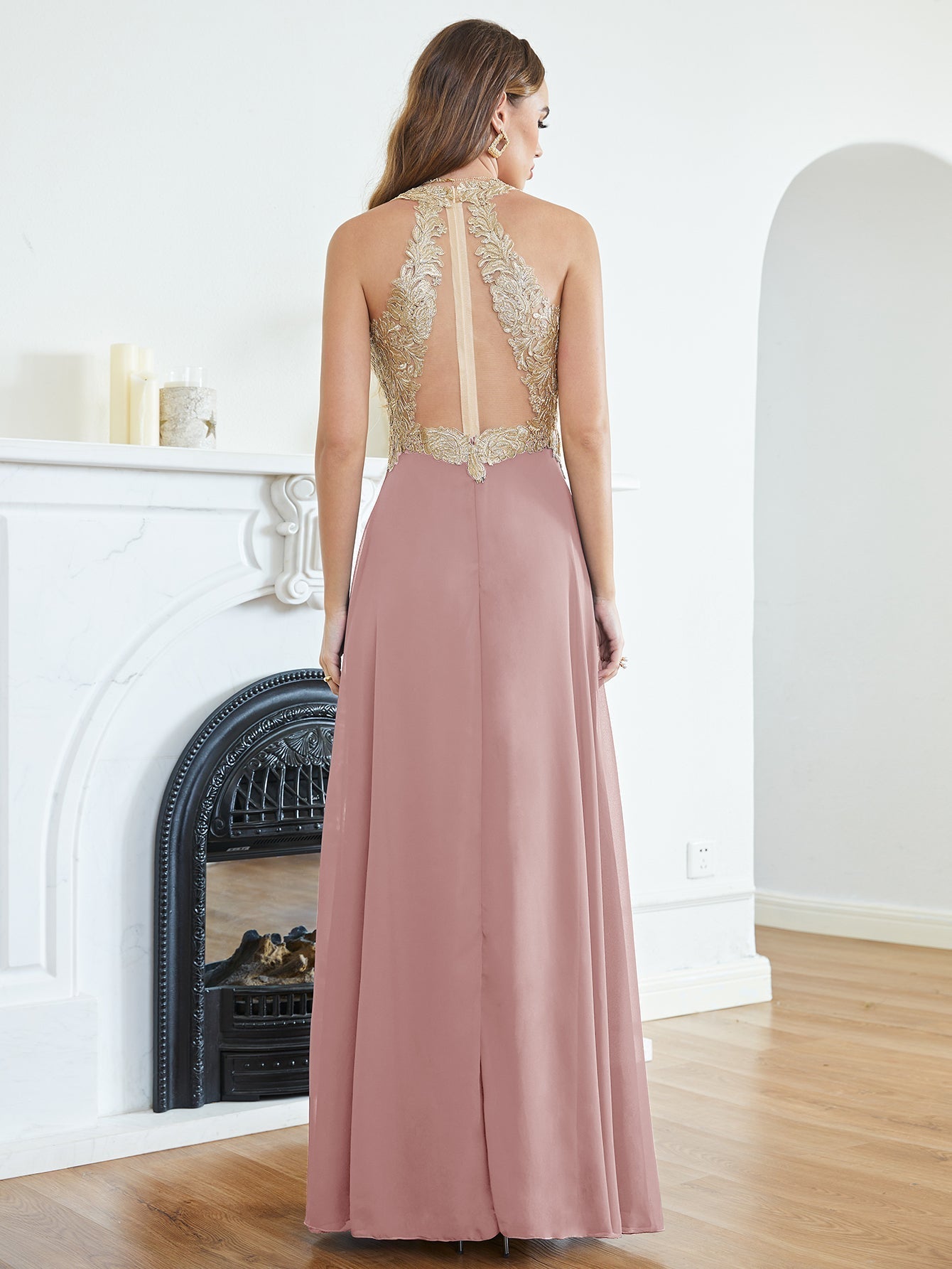 Long A Line Halter Gold Appliques Chiffon Wedding Party Dress