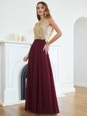 Long A Line Halter Gold Appliques Chiffon Wedding Party Dress