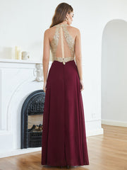 Long A Line Halter Gold Appliques Chiffon Wedding Party Dress
