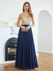 Long A Line Halter Gold Appliques Chiffon Wedding Party Dress