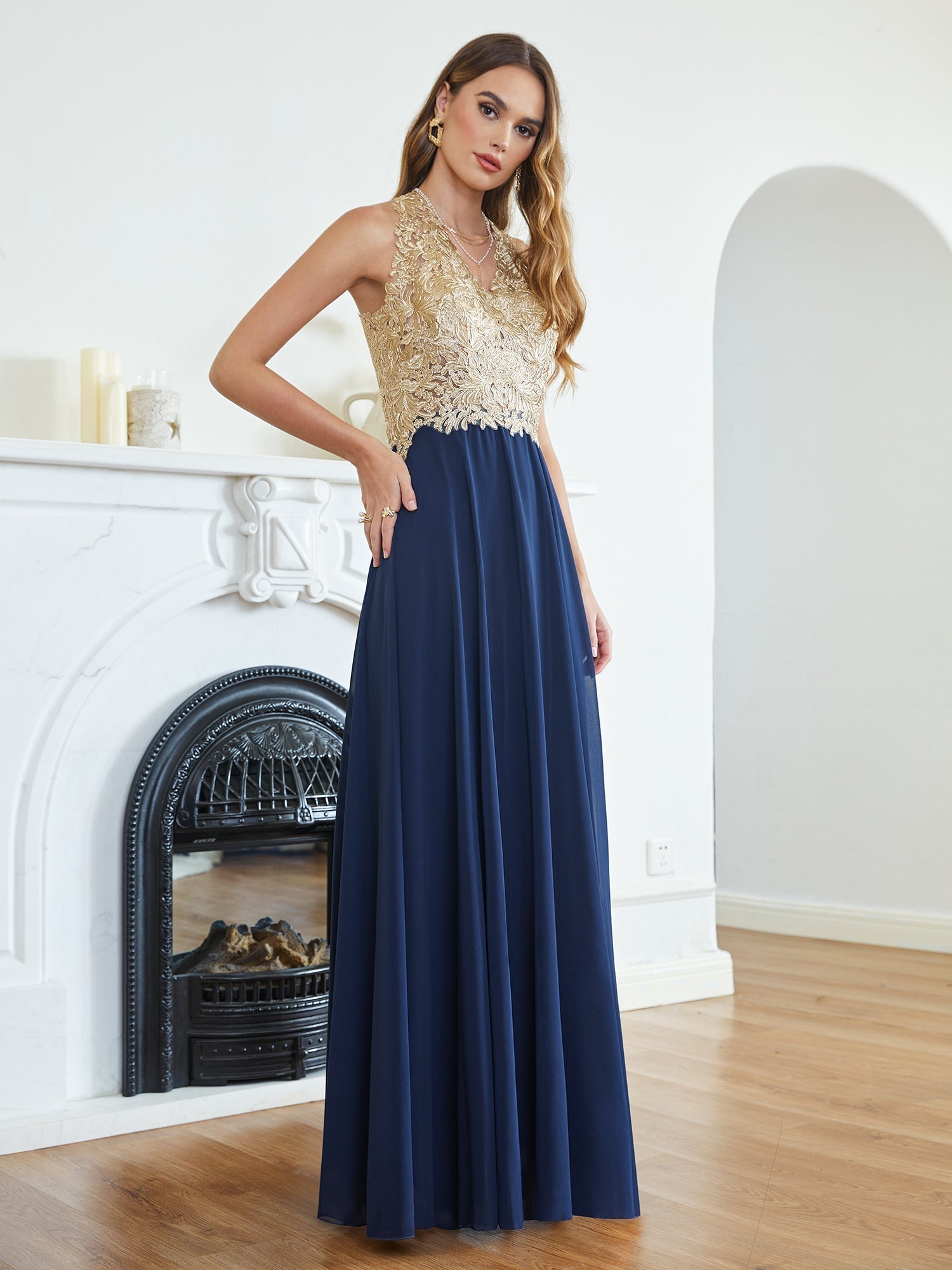 Long A Line Halter Gold Appliques Chiffon Wedding Party Dress